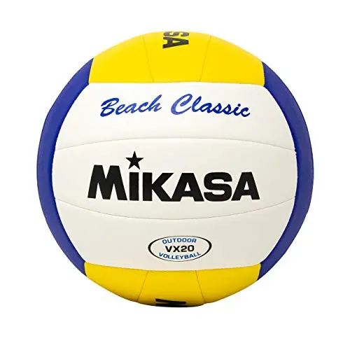 Mikasa VX20 beach volleyball in white with blue and yellow panels