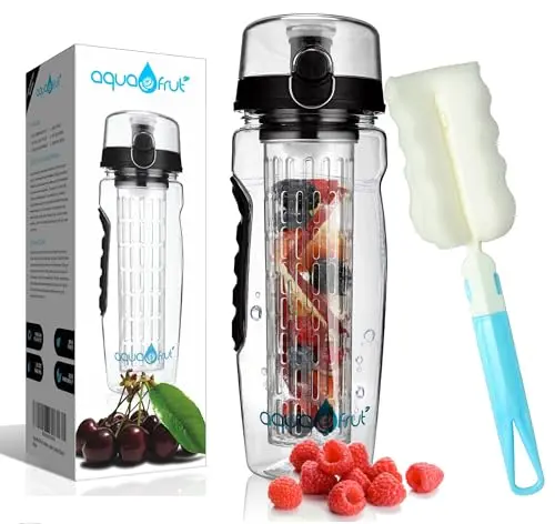 AquaFrut 32oz fruit infuser water bottle with full-length fruit chamber and flip-top lid