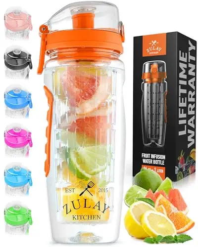 Zulay Kitchen 34oz fruit infuser water bottle with flip-top lid and time marker