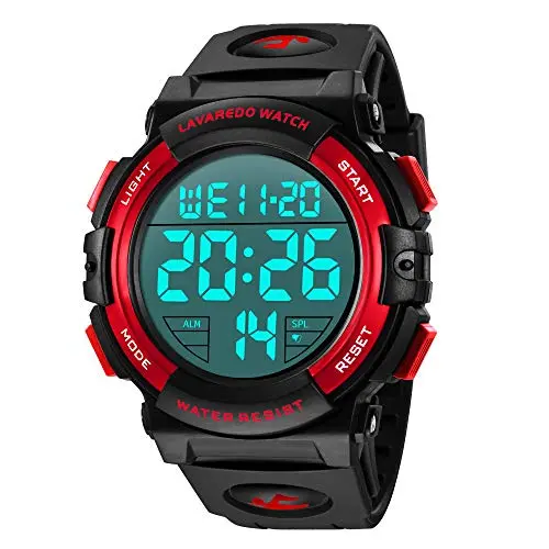 L LAVAREDO digital sports watch with red accents and silicone strap