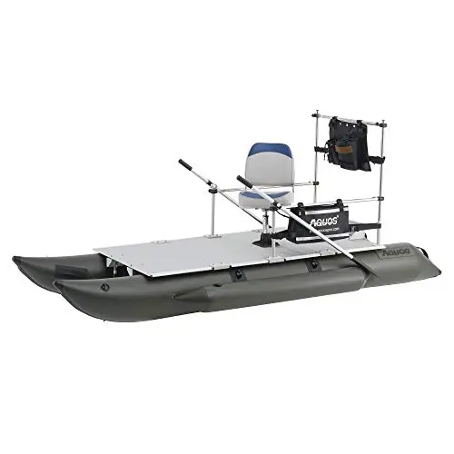 AQUOS 11.5ft inflatable pontoon boat with guard bar on a lake