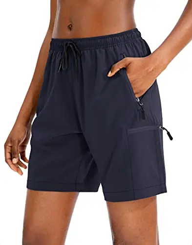 Santiny women's cargo hiking shorts showing multiple zipper pockets and elastic waist