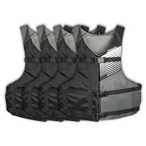 Stohlquist adult life jacket 4-pack in black and gray colors