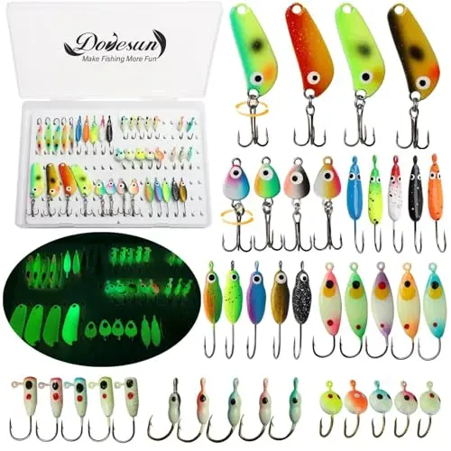Dovesun ice fishing jigs with glow-in-dark features and storage box