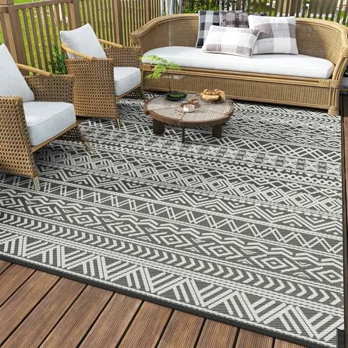 MontVoo boho-style outdoor rug on patio with decorative pattern