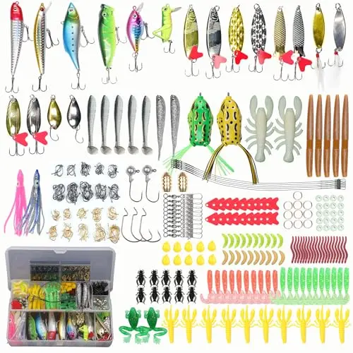 EXAURAFELIS 399-piece fishing lure set with various baits in a tackle box