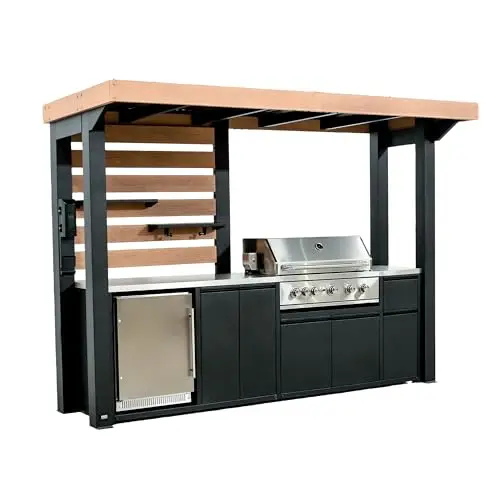 Backyard Discovery Fusion Flame outdoor kitchen with grill, refrigerator, and storage