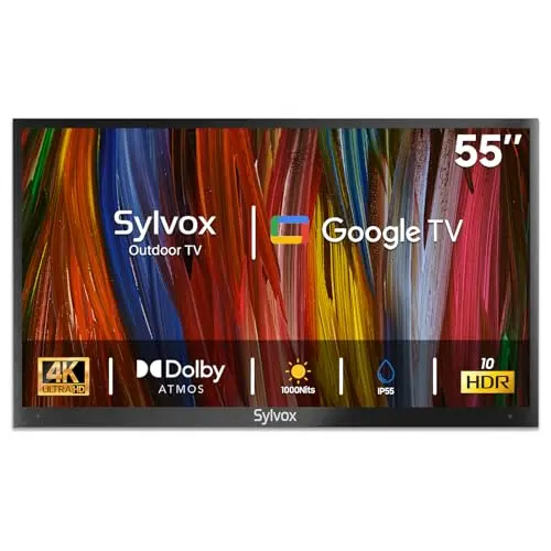 SYLVOX 55-inch outdoor smart TV with weatherproof casing and high-brightness screen