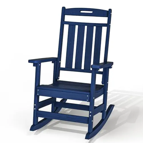 Plawdlik navy blue outdoor rocking chair with high back and slat design