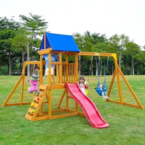 Suniboxi wooden swing set with monkey bars and wave slide